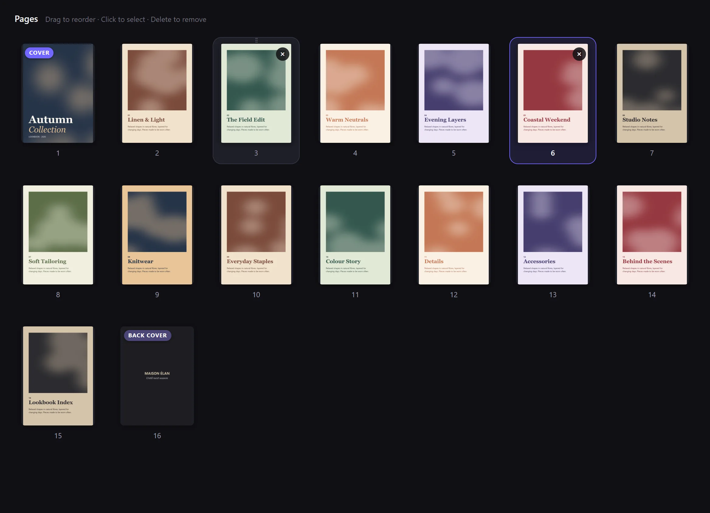 The page grid in Flippique: numbered page thumbnails with the cover marked, and one page selected.