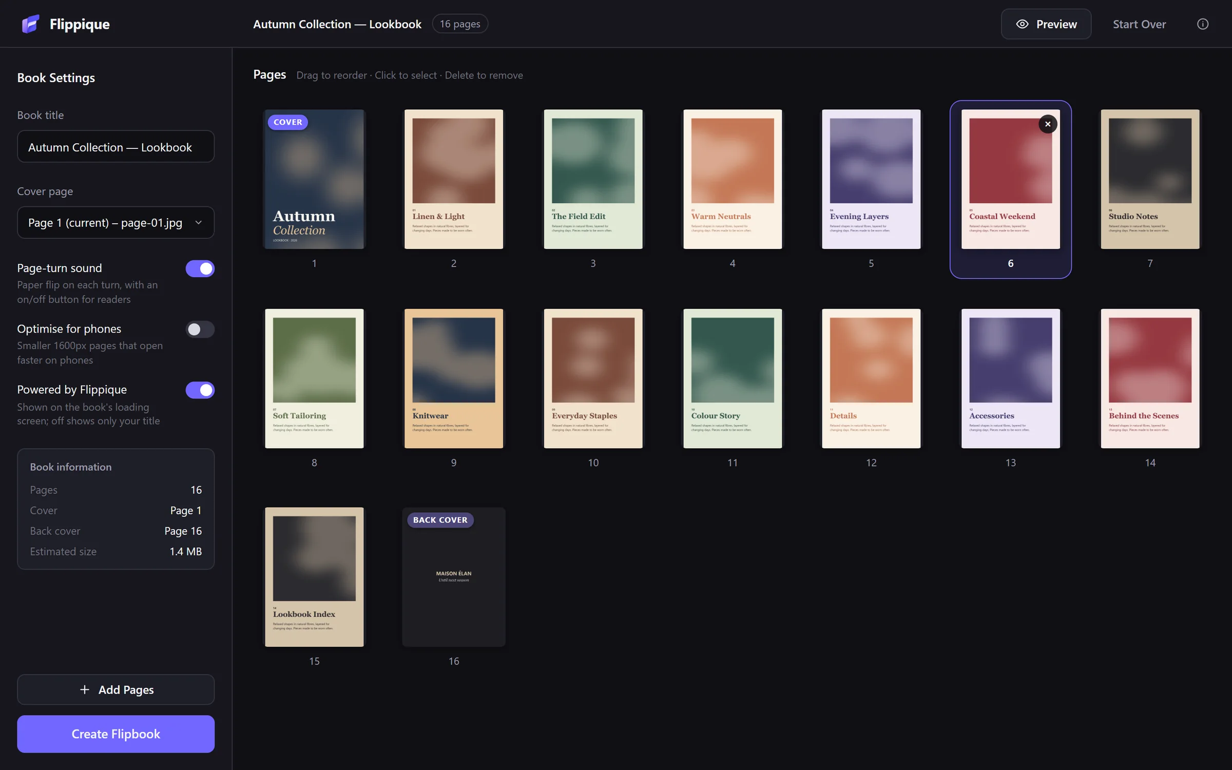 The Flippique editor: book settings on the left, a grid of sixteen lookbook pages with the cover and back cover marked, and the Create Flipbook button.